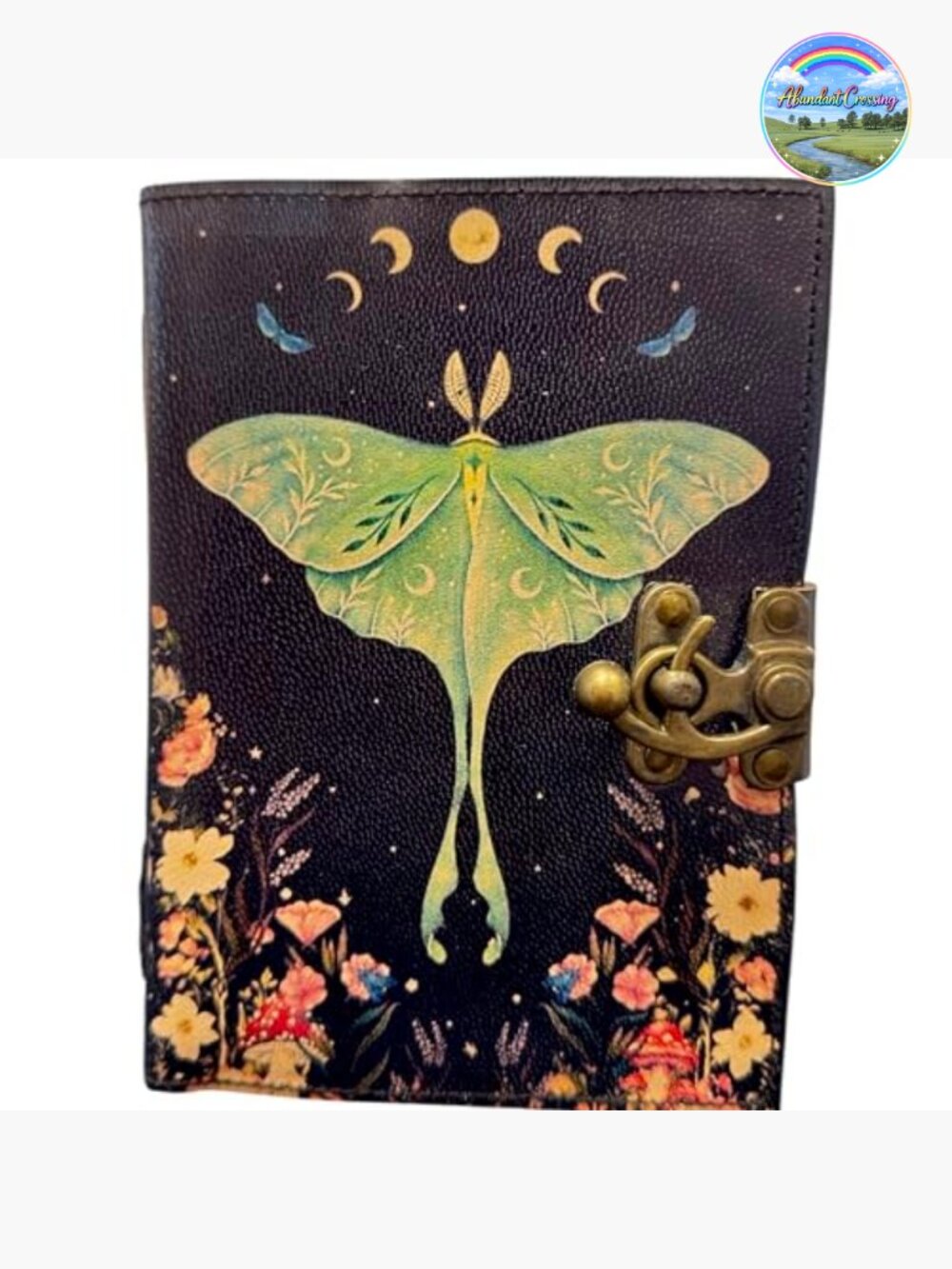 Vintage Handmade Leather Journal with Lock Clasp Luna Moths Print - Picture 4 of 6